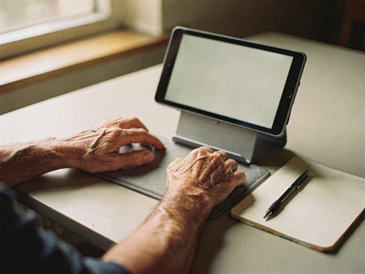 An older person's hands resting either side of a tablet propped on a stand, with a paper notebook and pen open beside it.