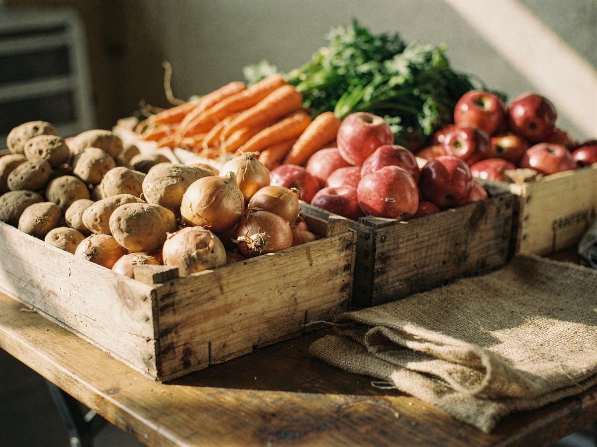 Wooden crates of potatoes, onions, carrots and red apples on a trestle table in morning light.