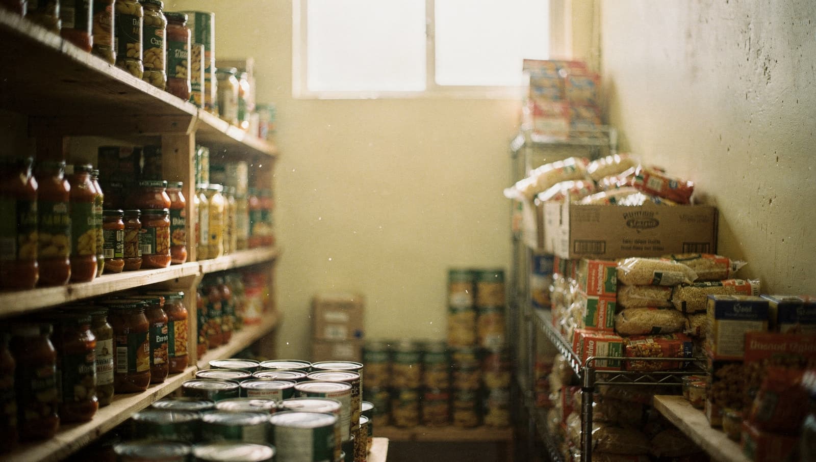 A small pantry storeroom in the morning: wooden shelves of tinned vegetables and jars of sauce, sacks of rice stacked on a rack, light coming through a high window.